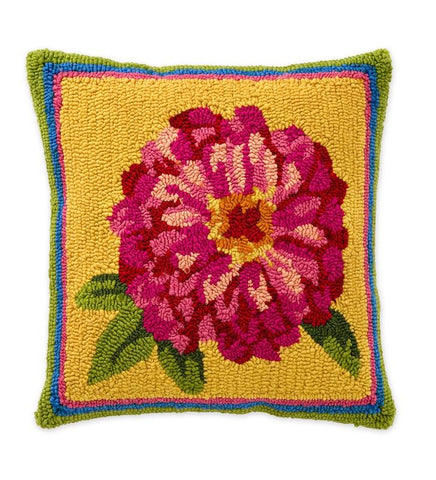 18"x18'' Indoor/Outdoor Hooked Pillow, Pink Zinnia