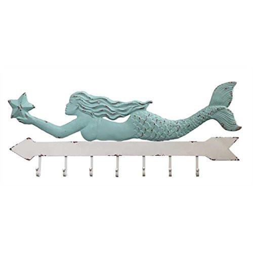 Mermaid and Arrow Metal Wall Hook for Coats, Aprons, Hats, Towels, Pot Holders - 7 hooks - 40-in