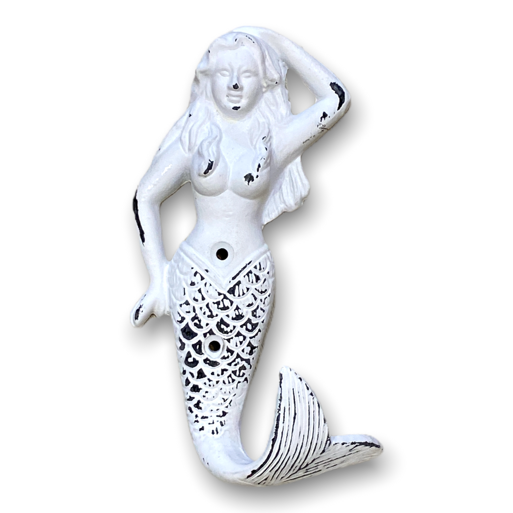 Weathered Cast Iron Mermaid Hook - White -