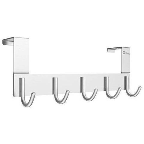Door Hooks Hanger Rack, Anjuer Aluminum Utility Organizer Towel Hooks Holder for Kithchen Bathroom, 5 Hooks Over The Door Hanger Silver