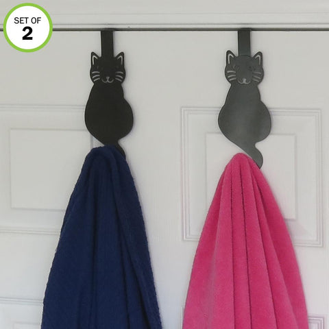 Evelots Over The Door Hook Hangers-Black Cat-Towel/Jacket-Hold 20 Lbs-Iron-Set/2