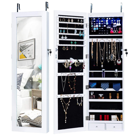 Homevibes Jewelry Cabinet Jewelry Armoire 6 LEDs Mirrored Makeup Lockable Door Wall Mounted Jewelry Organizer Hanging Storage Mirror with 2 Drawers, White